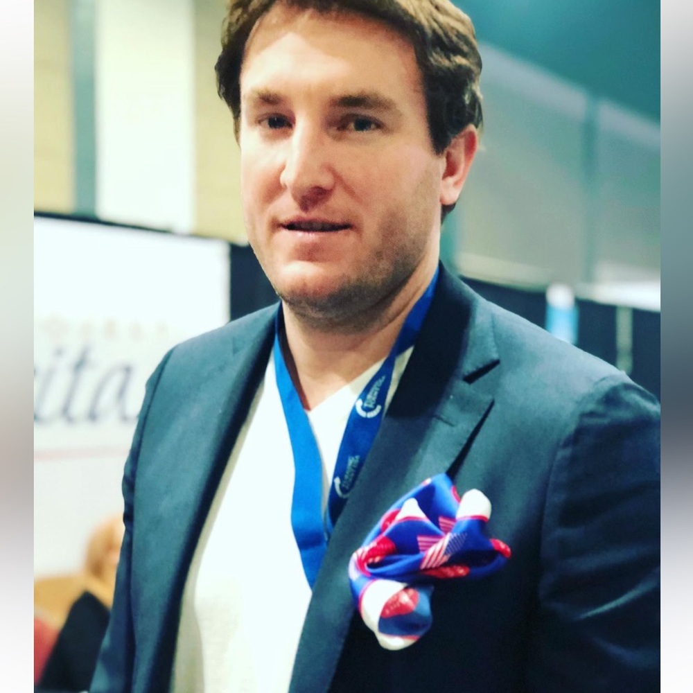 100% silk pocket square with red caps and American flags